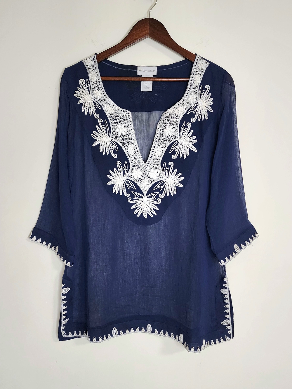 Soft Surroundings Navy & White Embroidered Tunic Top Sm Oversized Coastal Boho